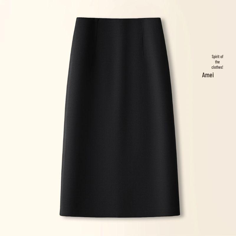 2025 Wool High-Waisted Black Slit Mid-Length Skirt - Autumn/Winter Slimming Style