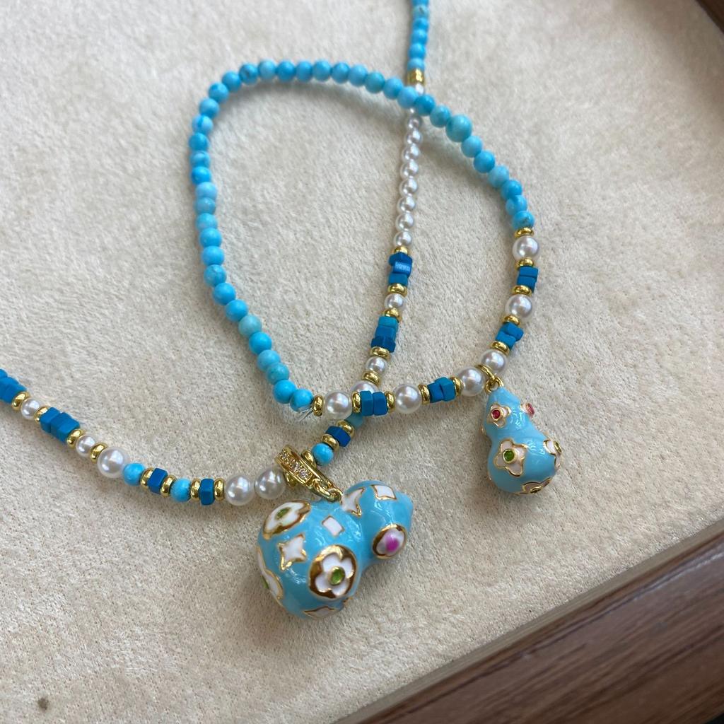 Ethnic Style Dopamine Gourd Necklace Light Luxury Color Enamel Turquoise Beaded Sweater Chain Long Spring And Autumn Accessories