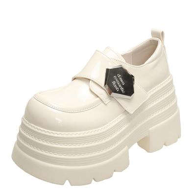 2025 Women's High Platform Leather Shoes New Spring 10CM Heels Chunky Sneakers Female Lace-up Metal Loafers Walking Shoes Woman