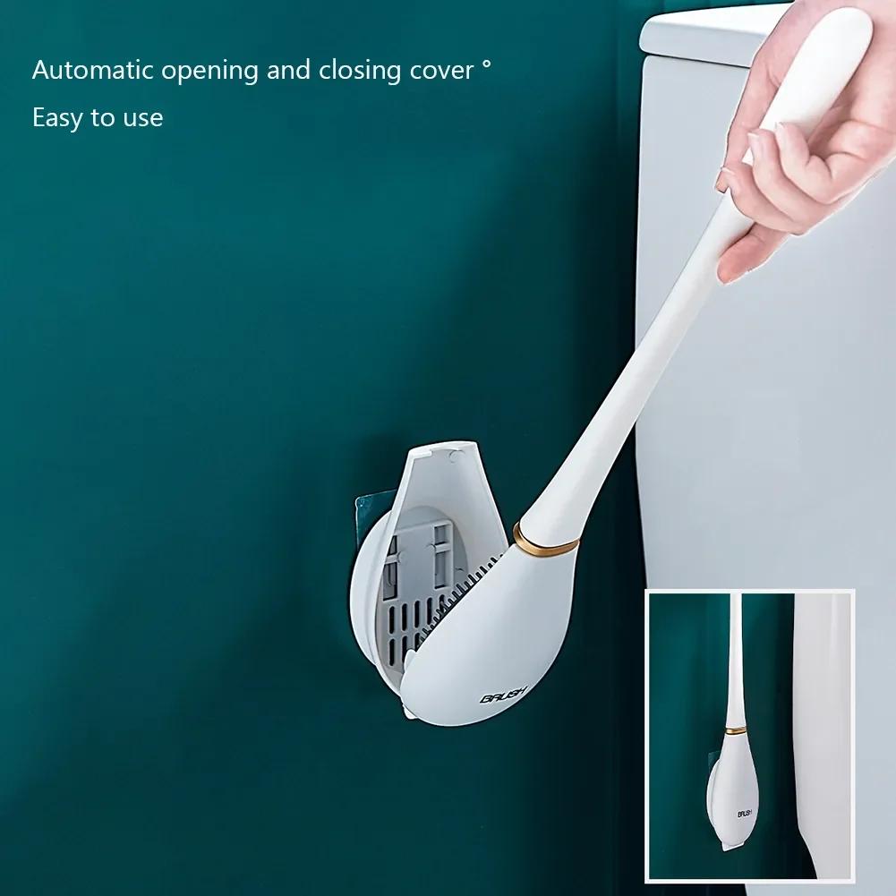 Modern Toilet Cleaning Brush&Holder Set Long Handle Silicone Toilet Brush Quick Drying Punchless Bathroom Accessories