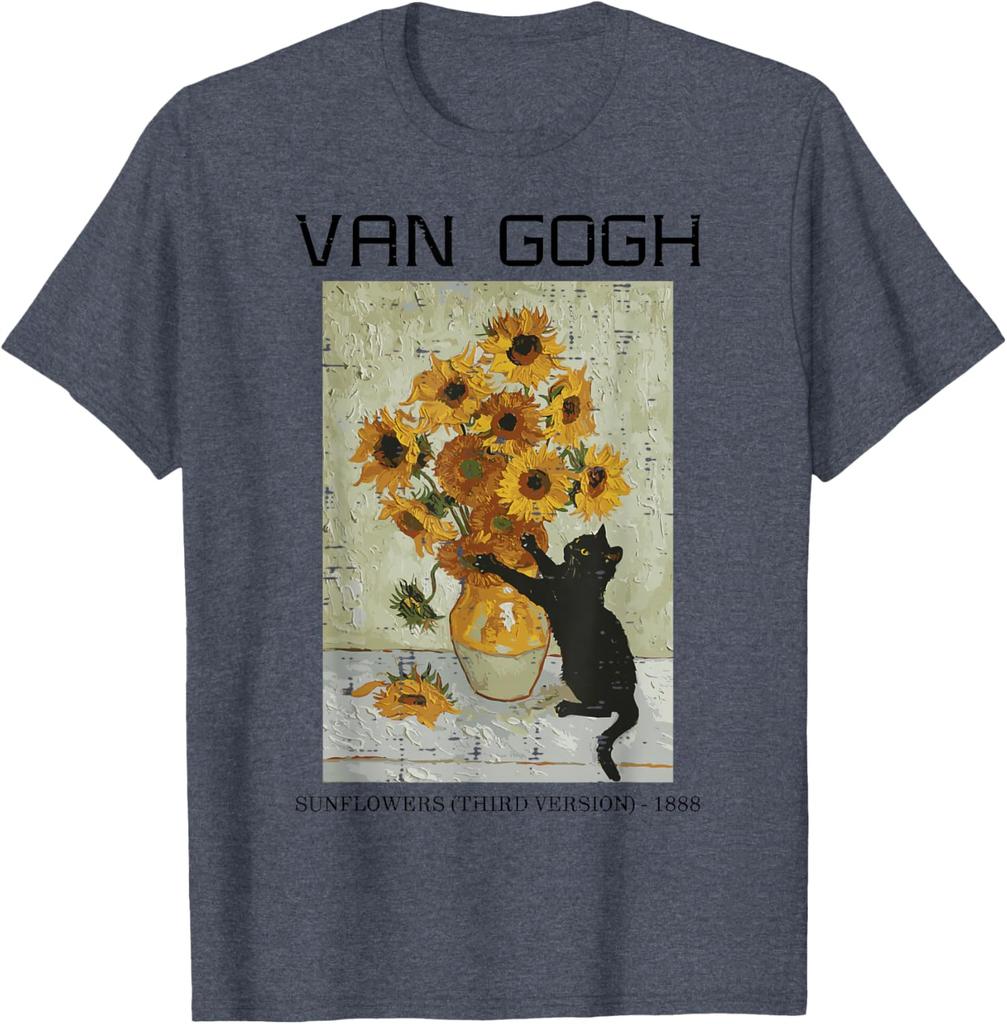 Van Gogh Sunflowers Cat Black Cat Art Graphic Tee Casual Short Sleeve TShirt for Men Women