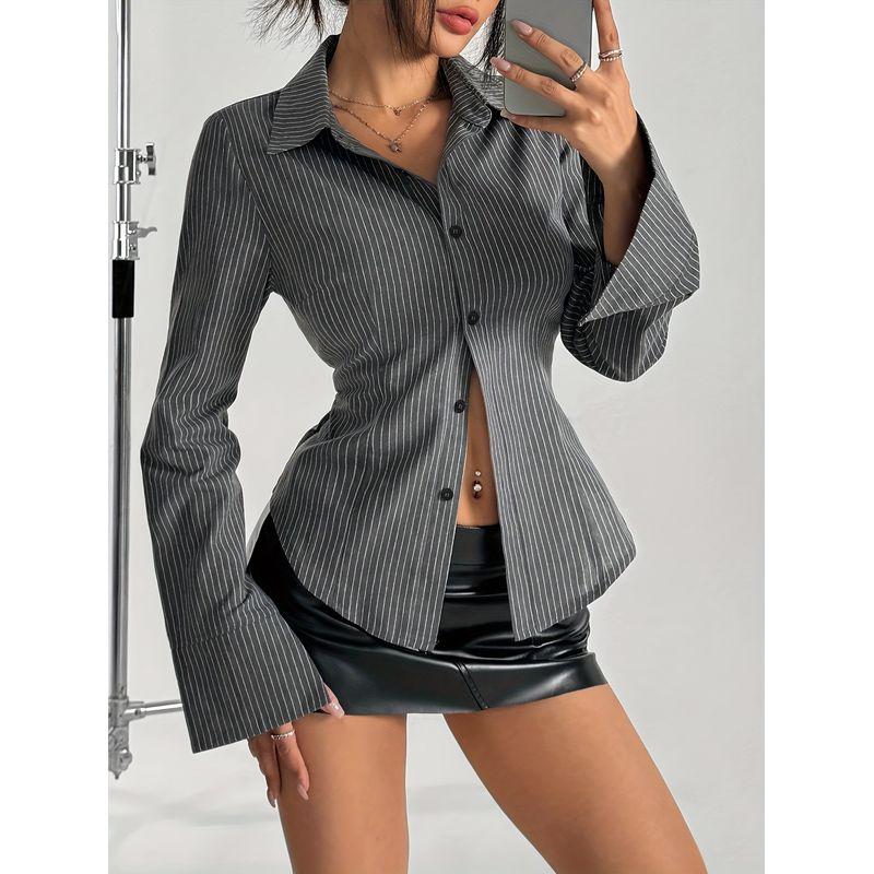 

Spring & Fall New Arrival Fashion Fashion Commuter Ol Retro Lapel Single Breasted Stripes Waist-Controlled Slimming Long Sleeve Shirt Tops Black S