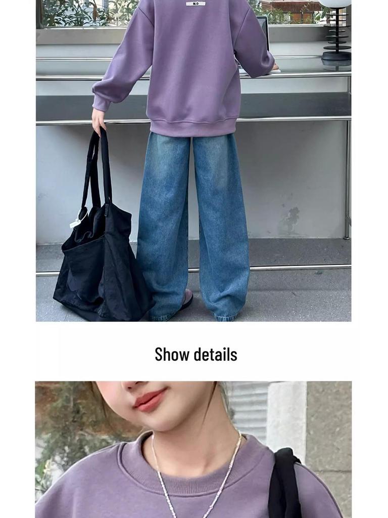 Dívčí módní volná mikina s kulatým výstřihem a dlouhým rukávem - Kolekce Podzim/Jaro 2025