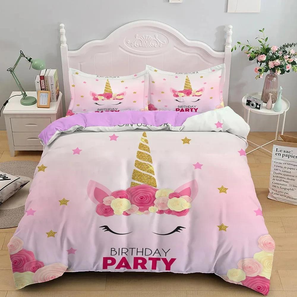 Cute Unicorn Duvet Cover Set Girly Pink Castle Bedding Set Single Twin Size For Princess Girl Dedicated Bedroom Decor Bedclothes