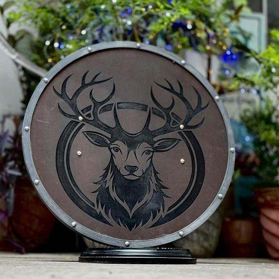 

Handcrafted Deer Emblem Viking Shield Norse Warrior Round Wood Shield for Cosplay, LARP Wall Display