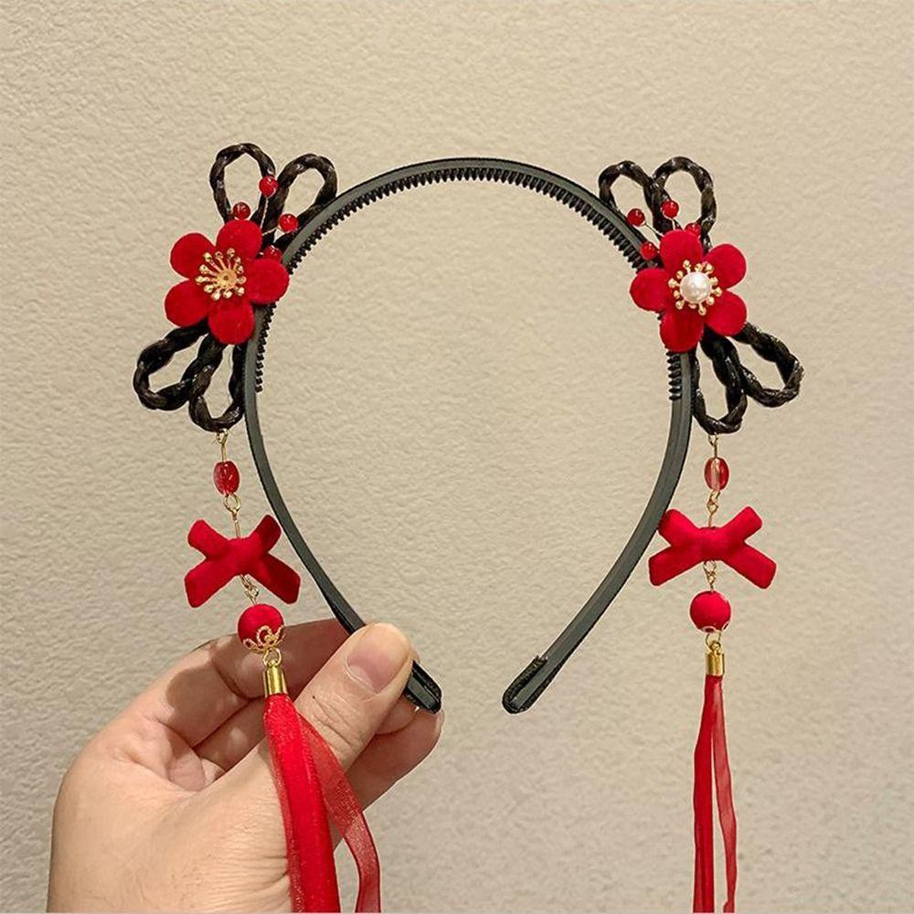 Flower Children Wig Headband Braid Hair Tang Suit Hair Hoop Chinese New Year Headwear Ancient Style Tassel Red Bow Hairband Baby