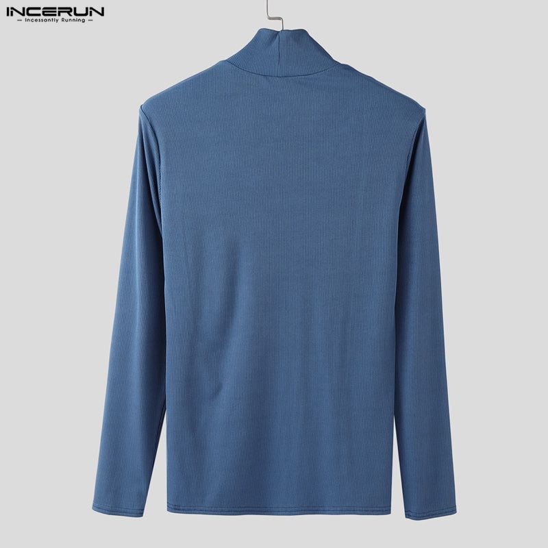 INCERUN Men High Neck Long Sleeve Rib Side Splits Casual Fitted Tops T-shirts Undershirts