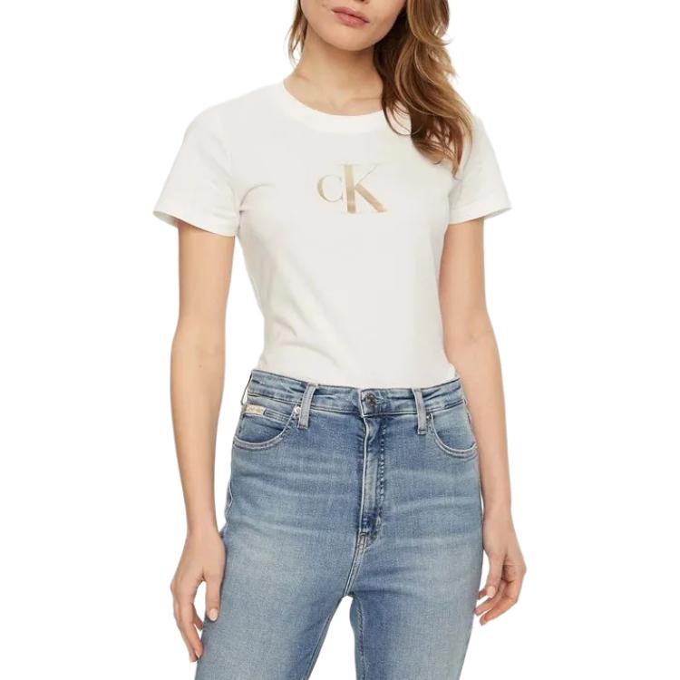 Calvin Klein Letter Print Slim Fit Round Neck Short Sleeve T-Shirt Women Tops White J20J224982-YAF