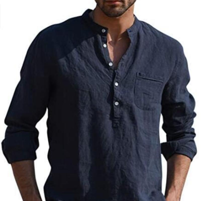 Men's Long-sleeved V-neck Casual Beach Linen Shirt Men's New Versatile Thin Models of Fashion Shirt Tops