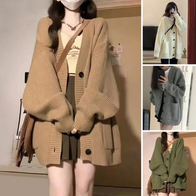 Women Sweater Coat V-Neck Long Sleeve Solid Color Knitting Coat with Large Pockets Mid-Length Loose Fit Sweater Cardigan