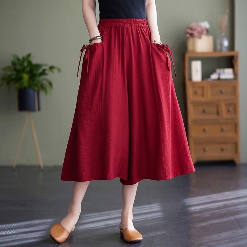 Wide Leg Pants for Women In Summer Loose Fit Plus Size Solid Color Elastic Waistband Large Swing Skirt Pants Casual Cropped Pants