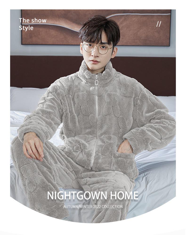 Men's Warm Flannel Pajamas, Zippered Stand-up Collar, Long Sleeve, Coral Fleece Cardigan for Autumn and Winter