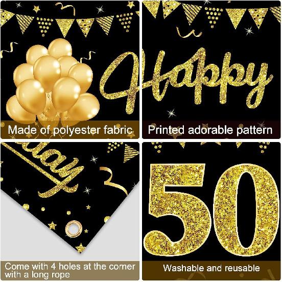Happy 50th Birthday Banner Decorations, Black Gold 50 Birthday Sign Party Supplies for Men Women, Fifty Birthday Decor Photo Booth Props for Outdoor