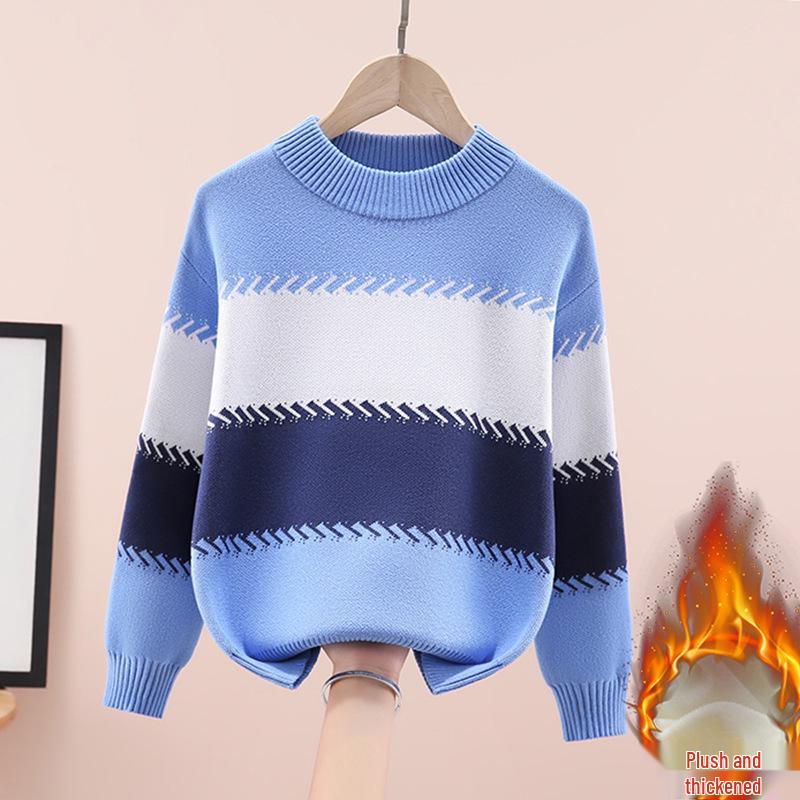 Boy's Round Neck Knit Sweater - Pure Cotton, Fleece-Lined for Autumn/Winter