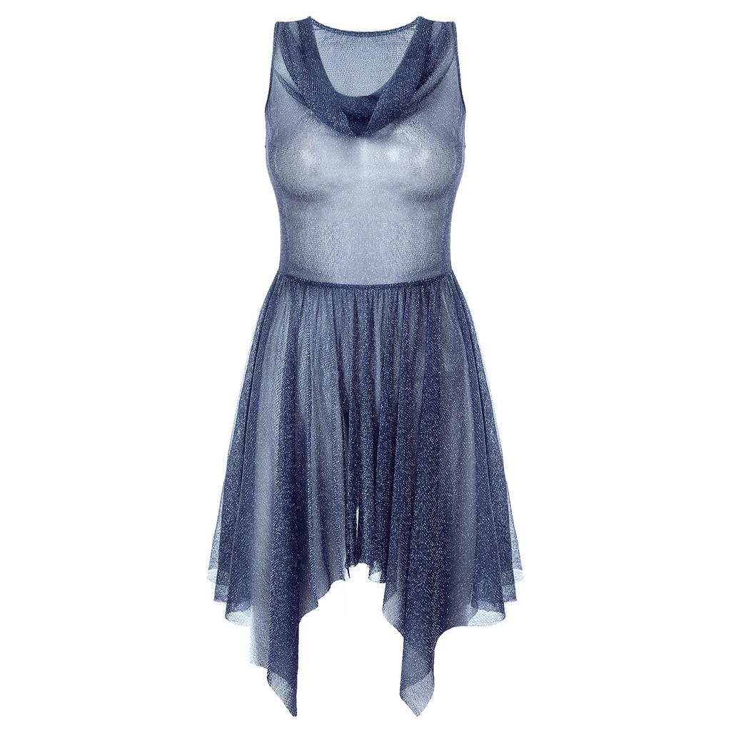 Women Glittery Draped Neck Sleeveless Dance Dress See Through Asymmetrical Hem Performance Gown