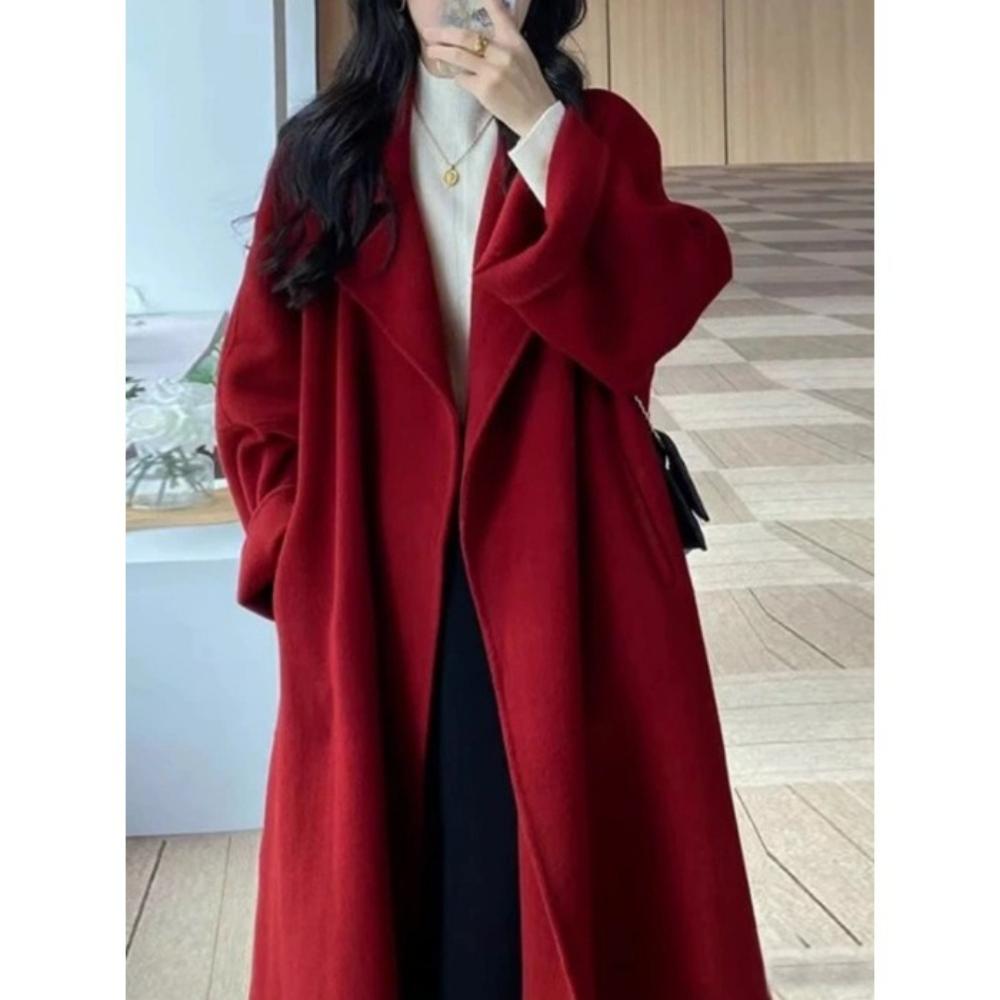 Red Woolen Coat Women's Woolen Coat Autumn and Winter High-end Sense of Small Loose Mid-length Style