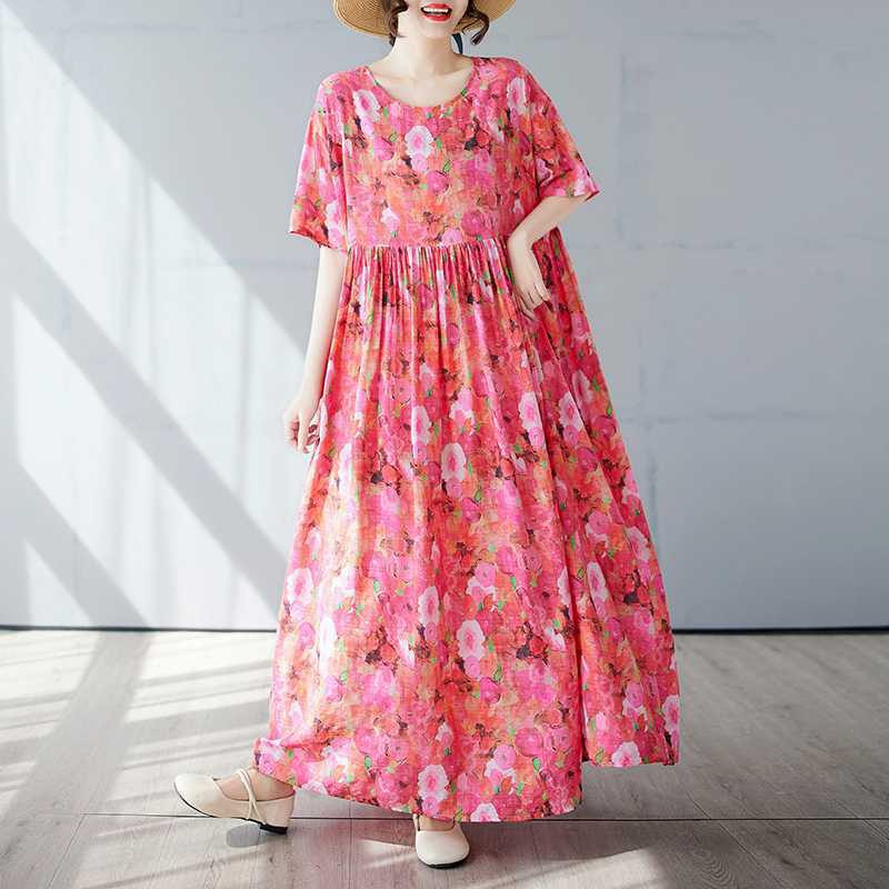 Simple and Fashionable Long Skirt Summer Short Sleeved Round Neck Printed Dress
