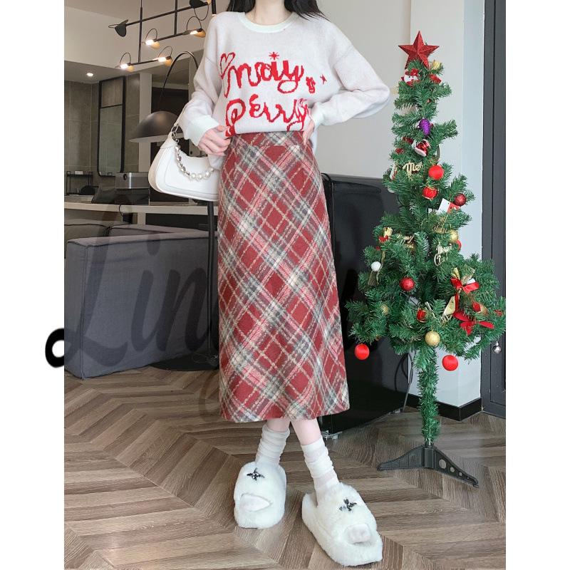 

Women s Plus Size Retro Plaid Wool Blend High Waist A-Line Skirt - Winter 2026 Korean Style Mid-Length L Plus Size
