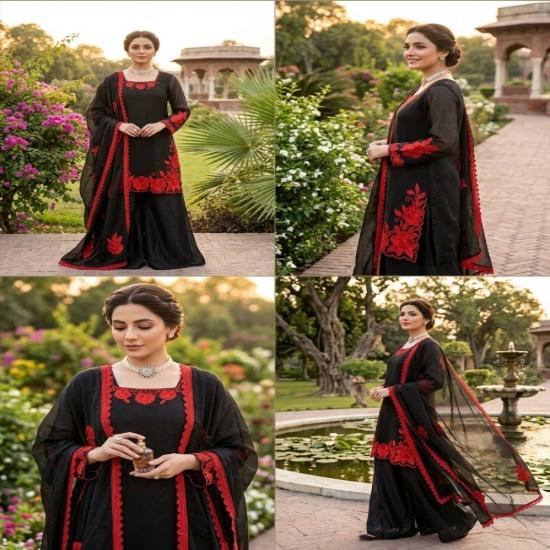 Black Frendy Silk Floral Embroidered Palazzo Suit with Dupatta Set