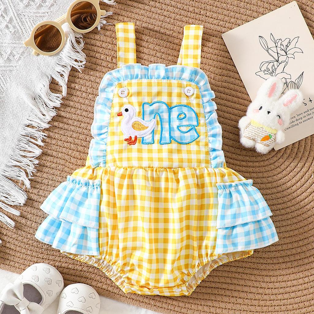 Baby Girl Cute Duck Patch Embroidered Plaid Romper - 1st Birthday Crawling Suit