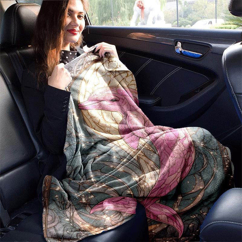 1pc Pink Dolphin Printing Lightweight Flannel Blanket, Comfortable and Warm Blanket, for Camping Sofa Bed and Couch Office, in All Seasons