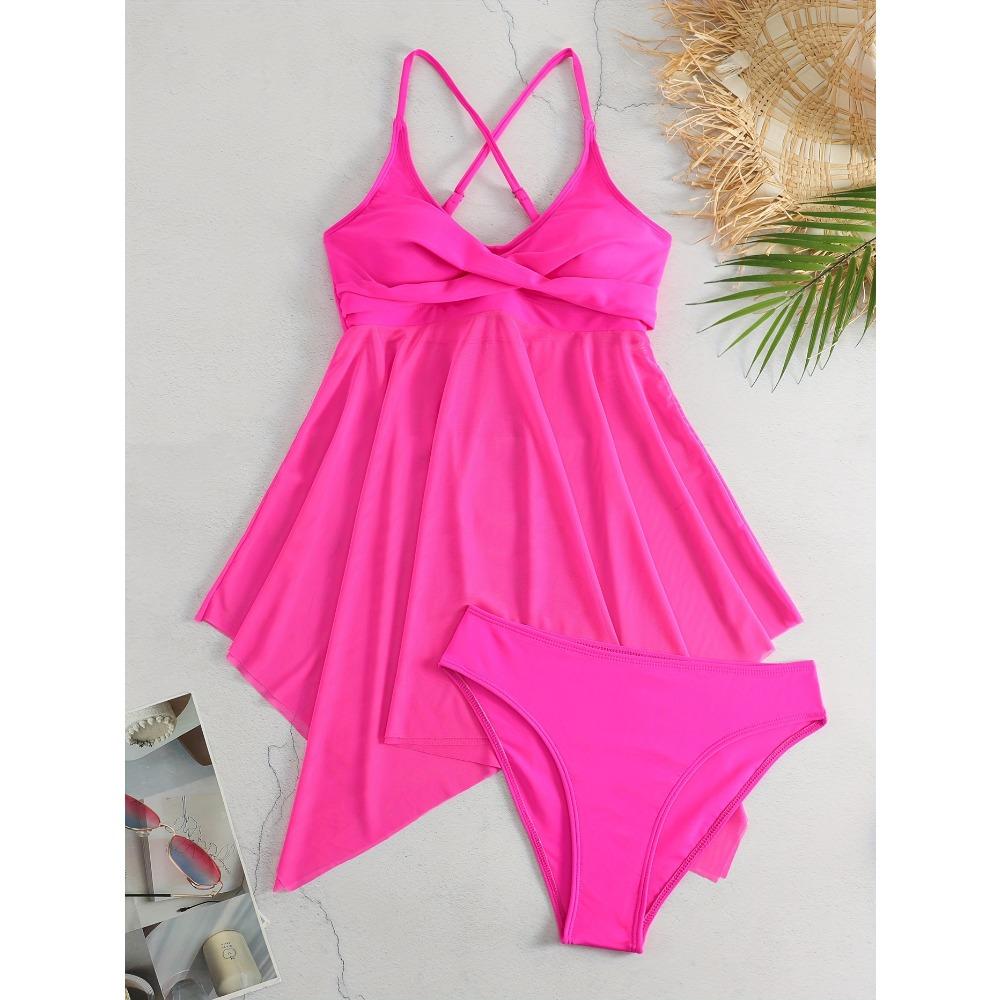 Einfarbiges Mesh Kontrast Criss Cross Rock 2-teiliges Set Bikini, Scoop Neck Spaghettiträger Twist Einfarbig Damen Bademode