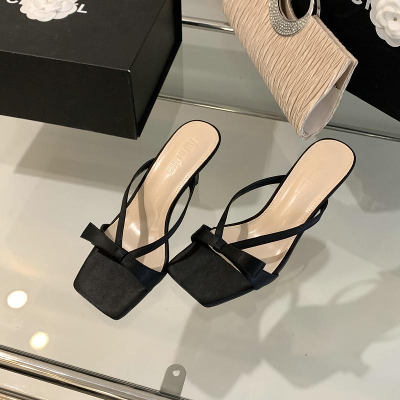 Original Design~ Bow Strap Open-toed High Heel Cool Slippers Women's Summer Wear Square Head Fairy Stiletto Muller Shoes