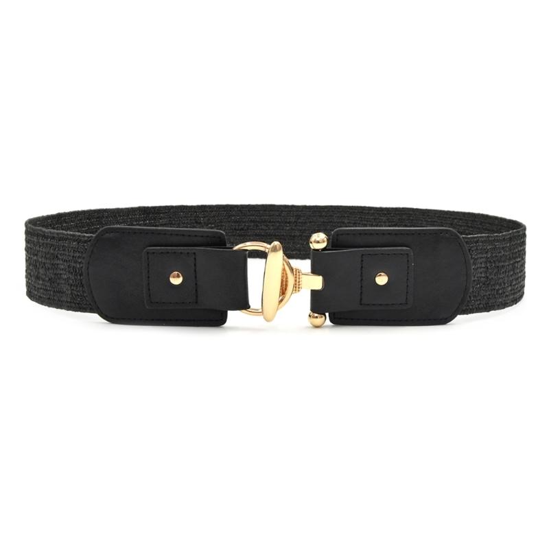 Retro Adjustable Waist Cincher Elastic Woven PP Straw Belt Natural Texture Gold Clasp Women's Fashion Accessory