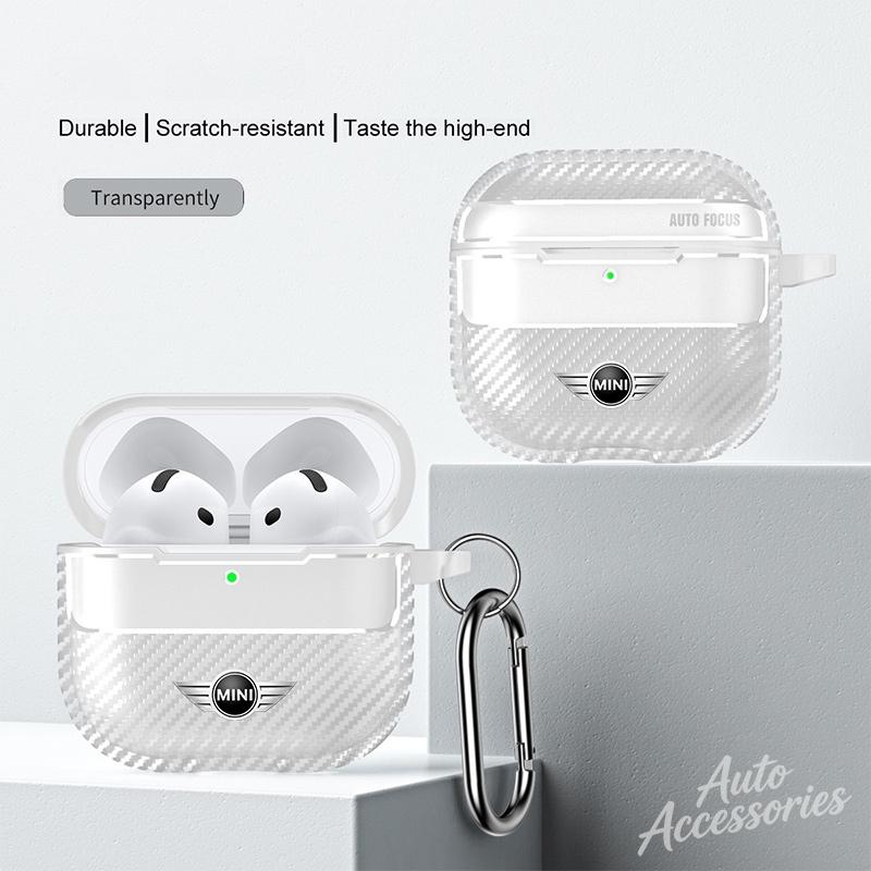 Carbon Fiber Earphone Case Bluetooth Headset Shell For Airpods 1/2/3/4/Pro With Carabiner Keychain For BMW Mini Cooper One JCW