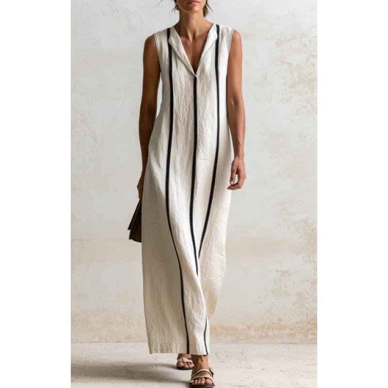 Popular summer European and American style V-neck cotton and linen dress, sleeveless loose long straight skirt