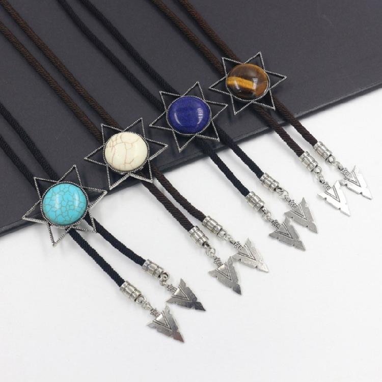 Unique Hexagram Necktie Braided Cord Alloy Engraving Stone Charm Neck Jewelry Tie Unisex Necklace Rodeos