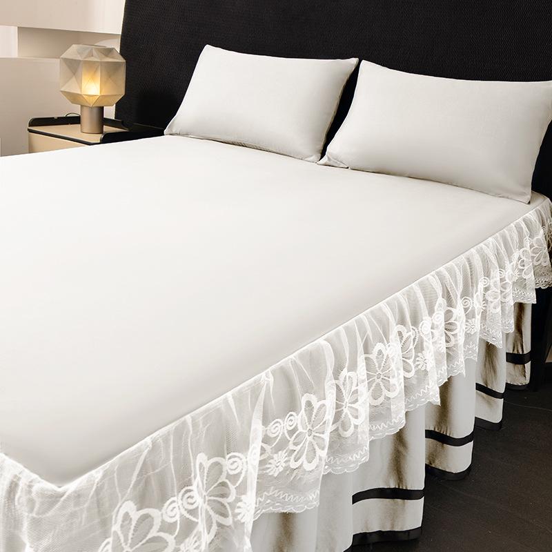 Brushed Double-Layer Solid Color Elastic Lace Ruffle Bed Skirt Full-Size Mattress Cover