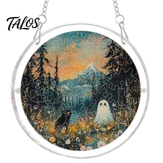 Elegant Halloween Glass Effect Ornament Acrylic Suncatcher Jigsaw Puzzle Set, Spooky Ghost Floral Meadow Window Hanging with Metal Sturdy Frame Decor