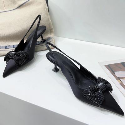 Rhinestone Bow Heels 2024 New French Ladies Toe Toe Hollow Stiletto Leather Toe Sandals