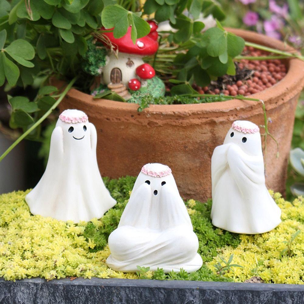 3pcs Resin Halloween Ghost Decor Set Cartoon Cute Floral Haunting Ornaments Funny Ghost Art Sculpture Gift
