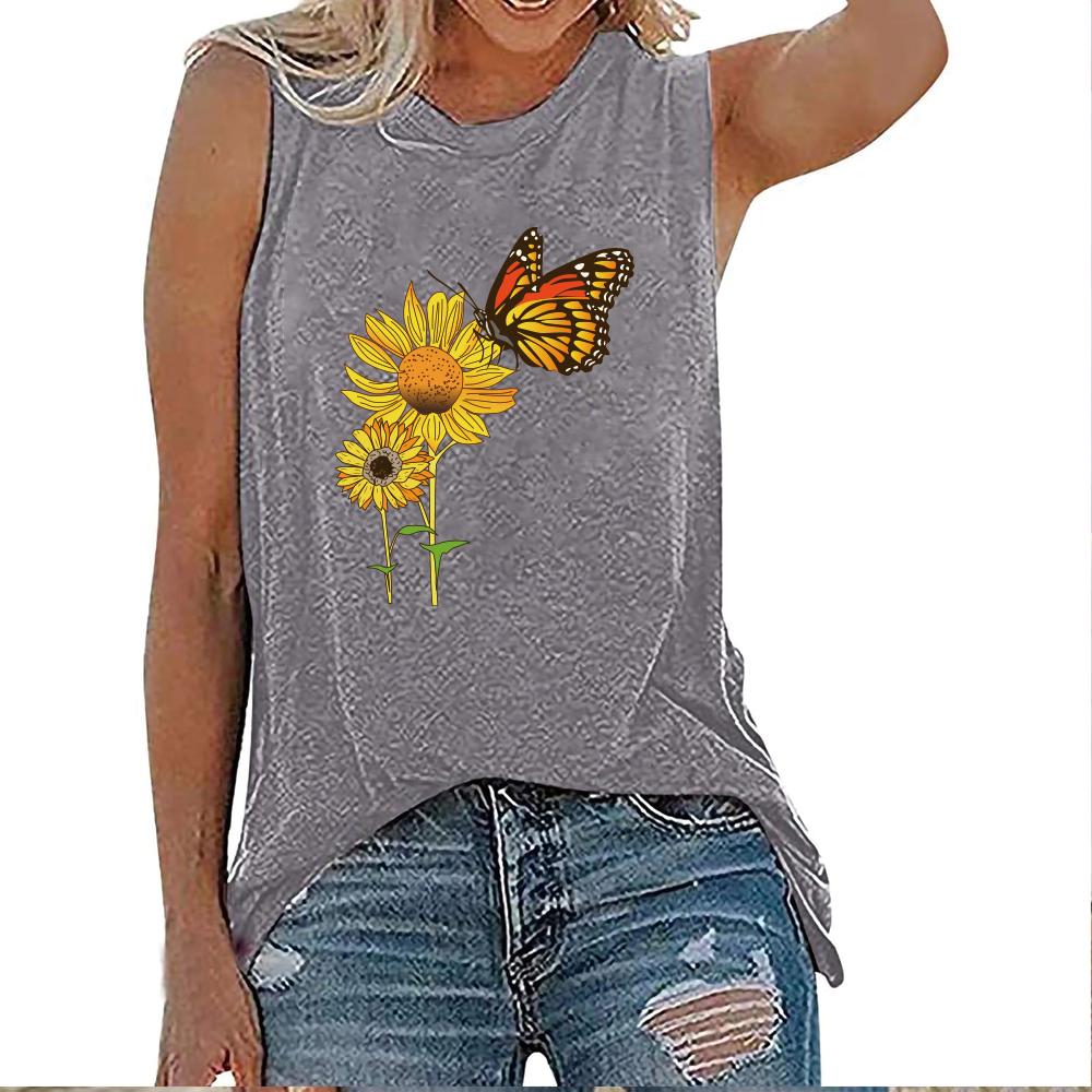 

Женская майка без рукавов с 3D-принтом бабочек и подсолнухов, жилет без рукавов с круглым вырезом, летняя повседневная футболка, уличная одежда 4XL