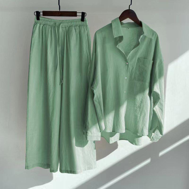 Shirt and Pants Set Summer Women's Retro Plus Size High Waist Loose Pants Cotton Linen Shirt Outfit