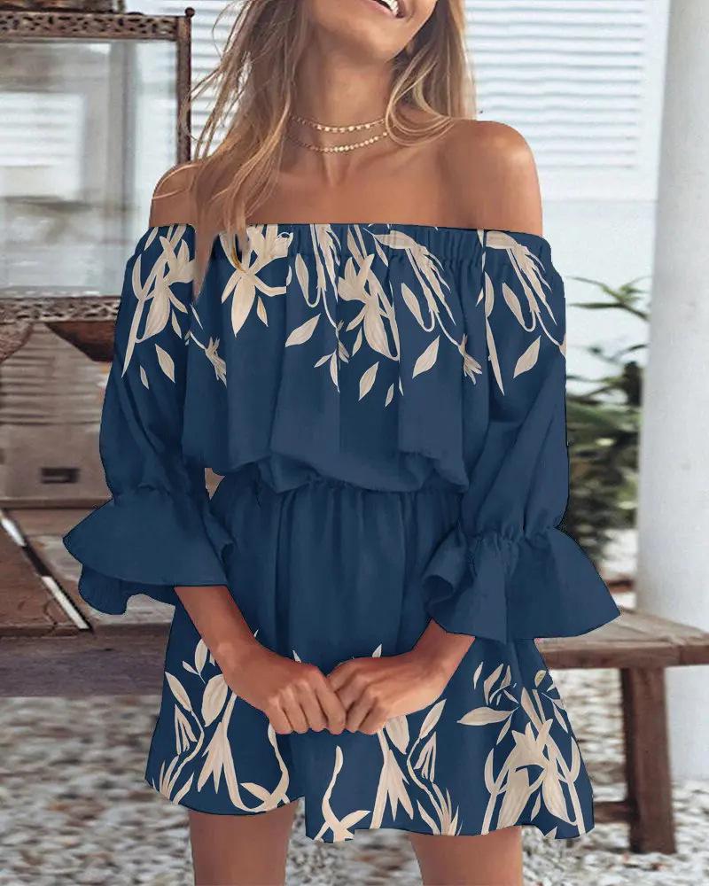 Sommermode Sexy Kleid Off Shoulder Print Puffärmel Kleid Damen A-Linie Kurzes Kleid