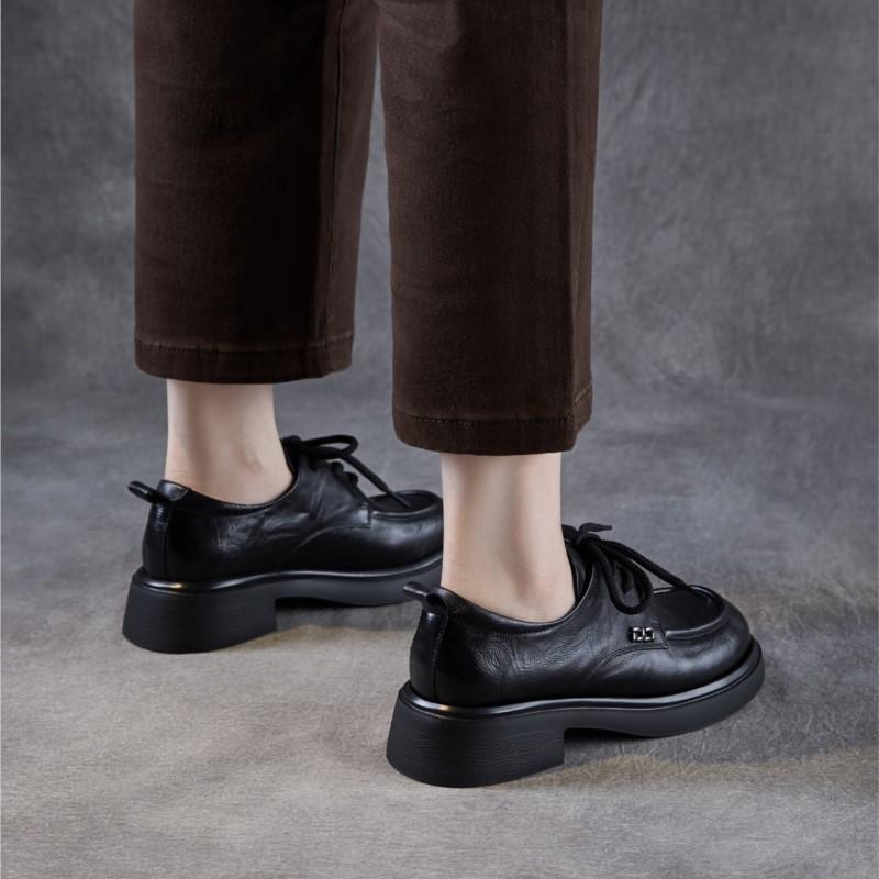 Johnature Pumps Round Toe Middle Heel Shoes Genuine Leather Lace-up Comfortable Soft Soled Thick Heel Shoes