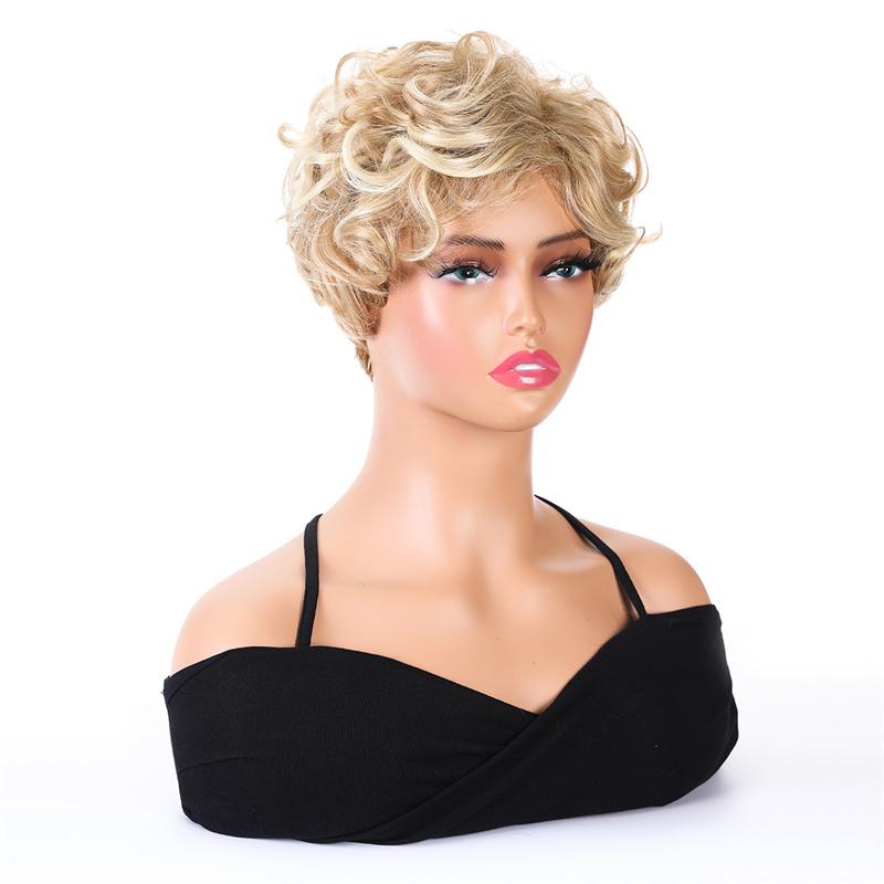 Synthetic Short Blonde Curly Wigs for Women Natural Hair Wig with Side Bangs Mother Gifts Wig Blond Cur Wig Natural Casual Wigs