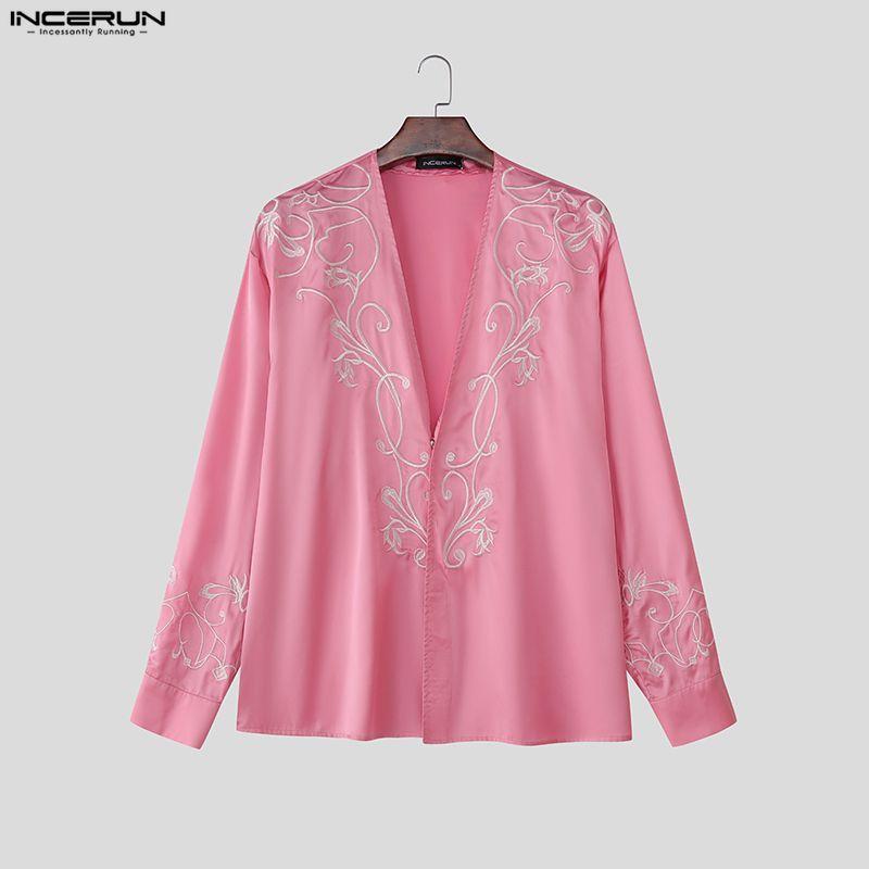 INCERUN Men Deep V Neck Long Sleeve Embroidery Casual Oversized Shirts