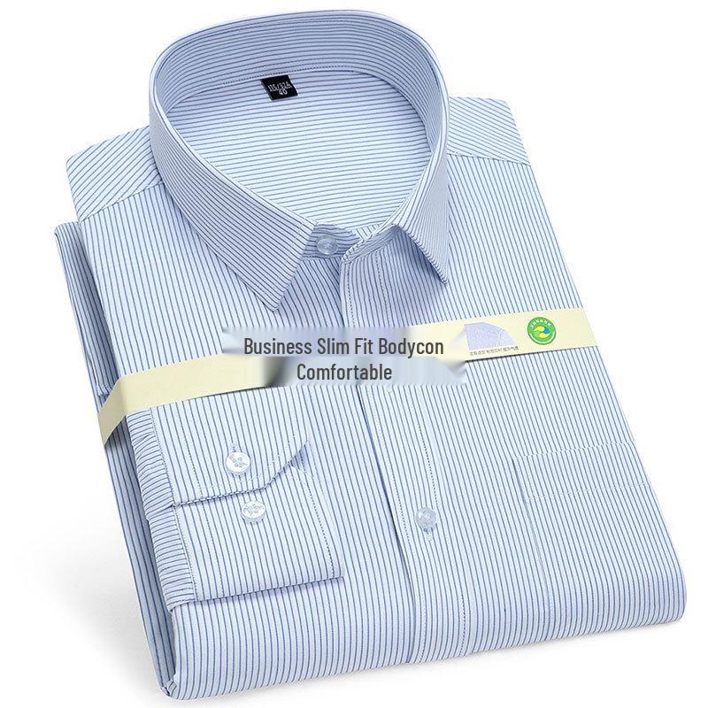 Męska koszula z długim rękawem Golden Shield w białe paski, o luźnym kroju, biznesowa, formalna, zapinana na guziki