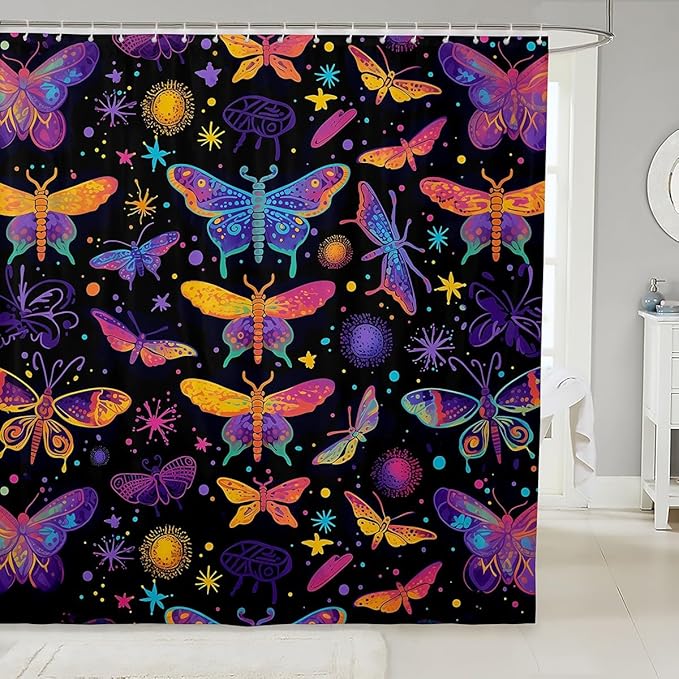Psychedelic Butterfly Vintage Mushroom Shower Curtain Dragonfly Boho Bathroom Decoration Polyester Fabric Bath Curtain with Hook