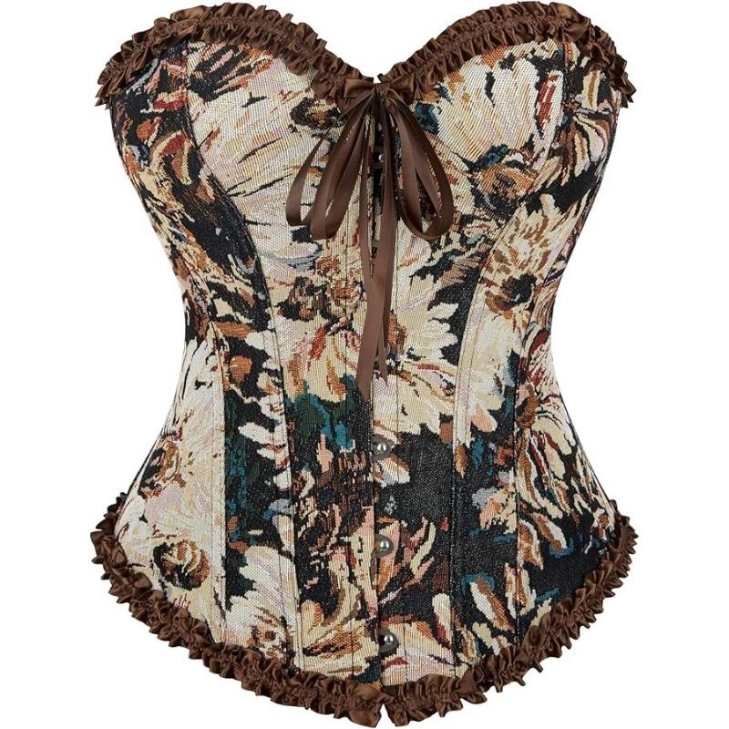 Floral Print Corset Top With Ruffle Trim And Lace Up Waist Cincher