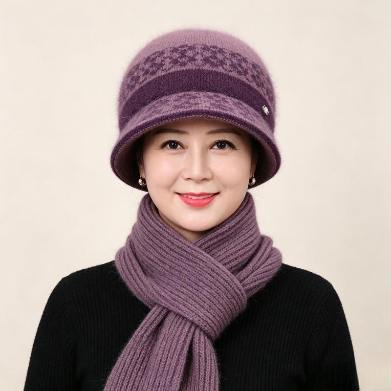 Autumn and Winter Hat Women's Fashion Bucket Hat Middle-aged and Elderly Mother Basin Hat Plush Warm Wool Hat Old Lady Knitted Hat
