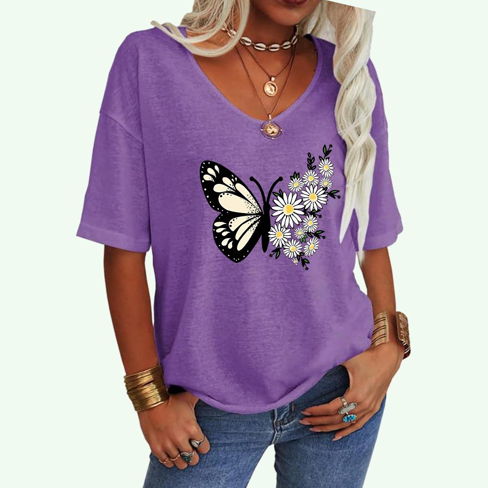 Damenmode V-Ausschnitt Lockeres T-Shirt Lässiges Oberteil mit Schmetterlingsdruck Damen Kurzarm-T-Shirt