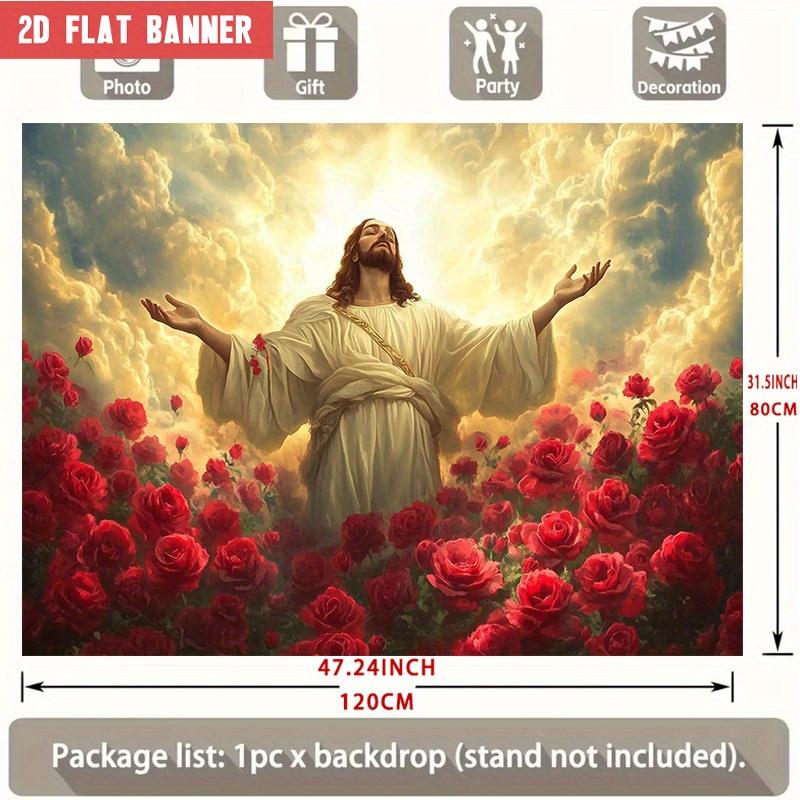 Religious Backdrop Banner, White Robe Figure with Outstretched Arms over Red Roses and Starry Sky, 90.5x70.8 in Polyester Photo Booth Background