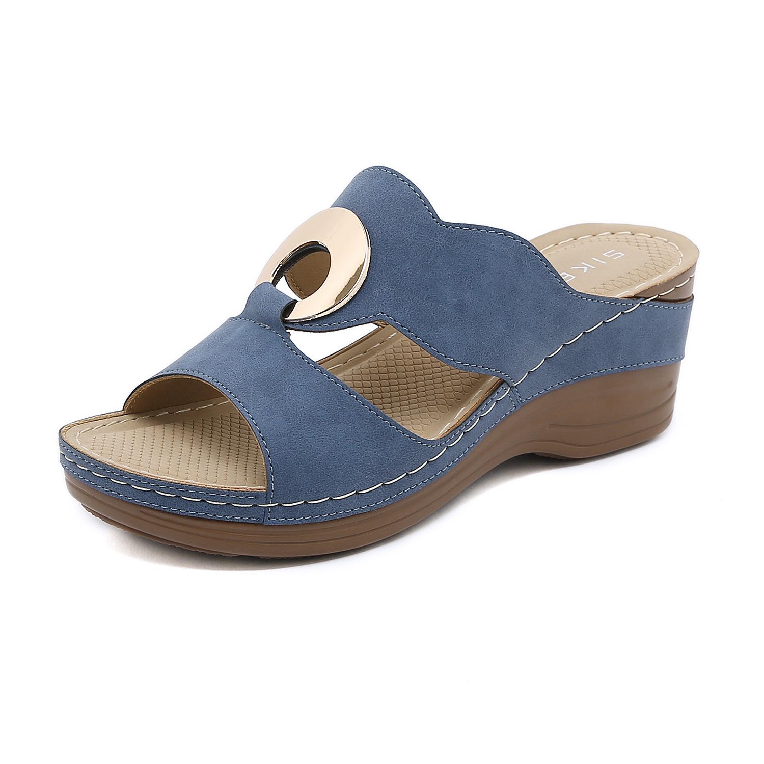 

Новые летние женские туфли с простым шитьем повседневные туфли на танкетке из металла большого размера женские тапочки 42 синий