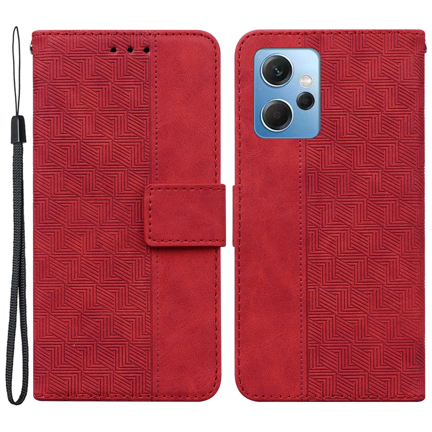 

Flip Case for Xiaomi Redmi Note 12 4G PU Leather Wallet Stand Geometry Pattern Imprinted Phone Cover Red
