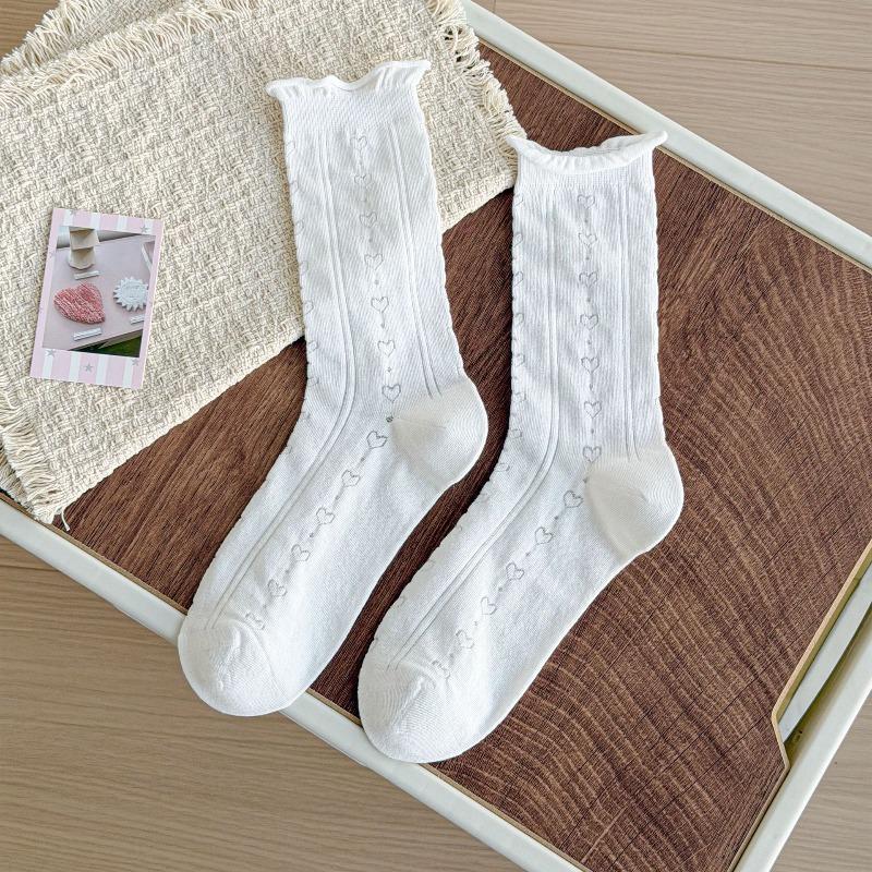 Sock - Spring/Summer Lightweight Solid Color Opened-Up Layered Socks with Earwig Lace and Mid-Calf Length